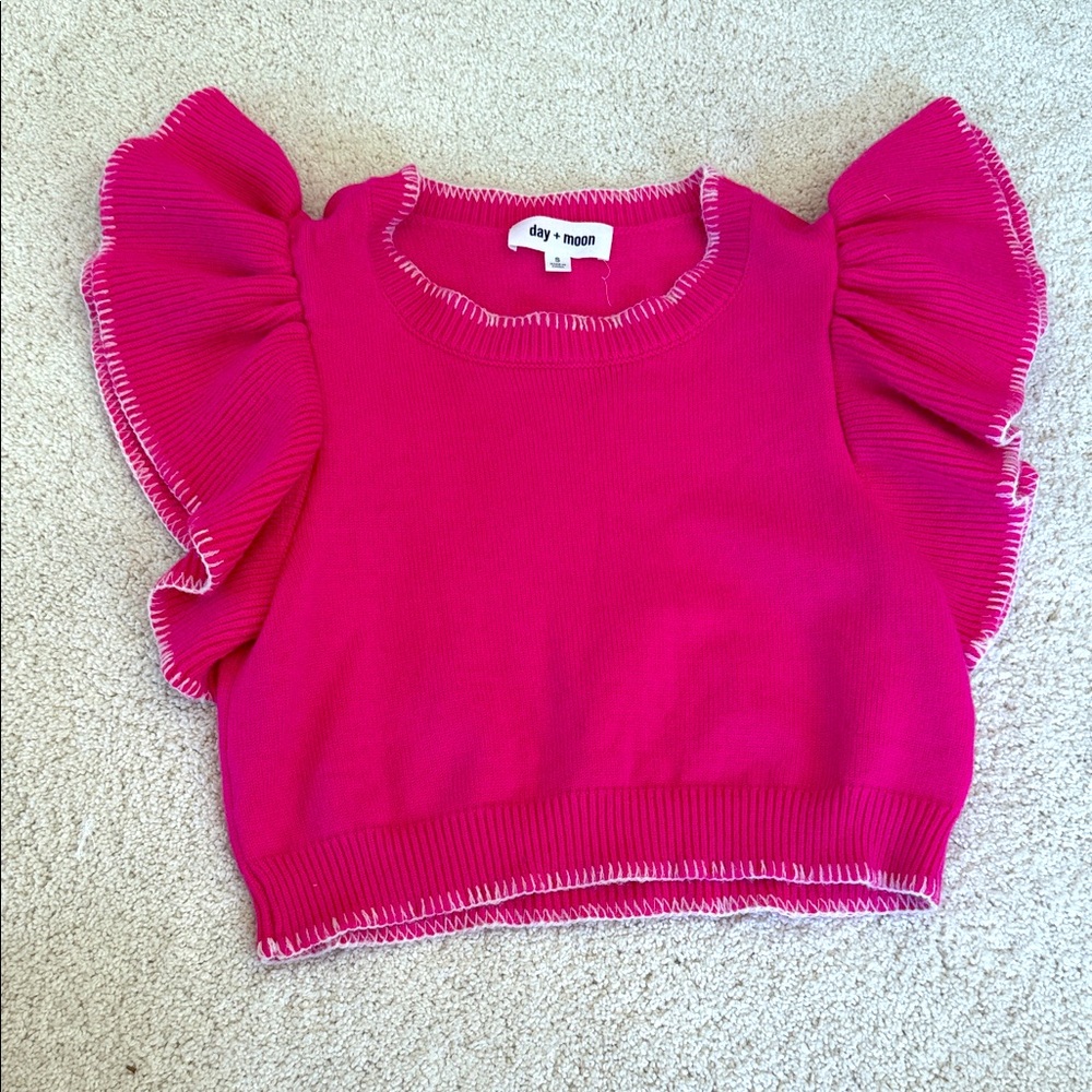 Day + Moon Pink Ruffle Sleeve Sweater